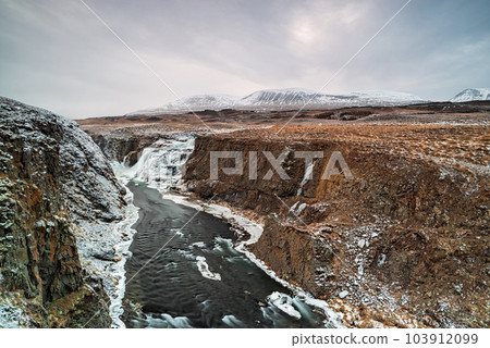 Panoramic view of Reykjafoss waterfall, Iceland 103912099