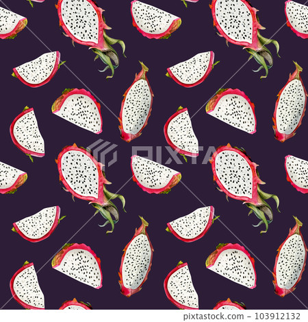 Dark purple and pink dragon fruits seamless pattern with watercolor pitaya drawings background. Hand drawn illustration for summer tropical designs Dark purple and pink dragon fruits seamless pattern with watercolor pitaya drawings background. Hand drawn illustration for summer tropical designs 103912132