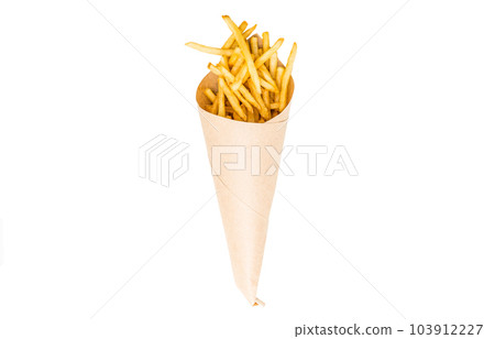 Fresh french fries chips wrapped in brown craft paper on a white background Fresh french fries chips wrapped in brown craft paper on a white background 103912227