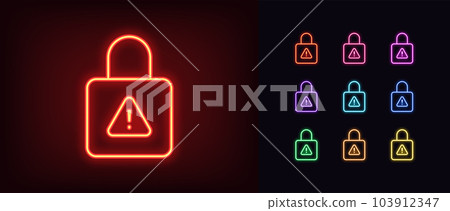Outline neon lock warning icon set. Glowing neon lock with exclamation mark, hacking attempt. Cyber security threat, unreliable protection, access restriction, risk warning, unsafe data Outline neon lock warning icon set. Glowing neon lock with exclamation mark, hacking attempt. Cyber security threat, unreliable protection, access restriction, risk warning, unsafe data 103912347