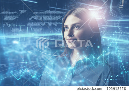 Young businesswoman watch and analyze digital business data on futuristic holographic screen 103912358