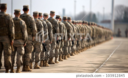 Section of soldiers legs in military uniform and boots standing in line at camp, american army Section of soldiers legs in military uniform and boots standing in line at camp, american army 103912845