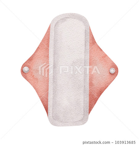 Washable Feminine hygiene products, Clean hygienic reusable pads. Menstrual cycle. Women's Health. Menstruation female hygiene product. Coral color. Hand drawn watercolor illustration for pack 103913685