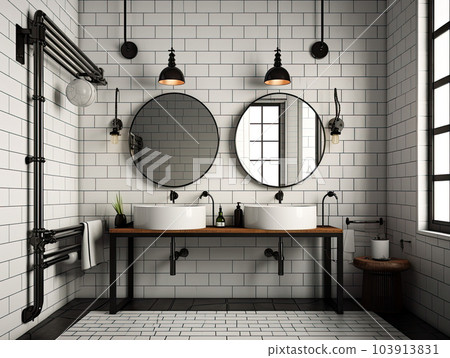Realistic interior mockup bathroom ceramic sink basin or wash basin with mirror and faucet. modern minimal design. Generative AI Realistic interior mockup bathroom ceramic sink basin or wash basin with mirror and faucet. modern minimal design. Generative AI 103913831