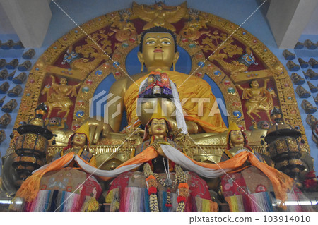 Lord Buddha statue inside Ganden Jangtse Monastery, at Tibetan camp, Mundgod Karnataka, India 103914010