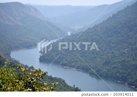 Aerial view of mighty Sharavati river flowing downstream to Gersoopa Dam, Karnataka, India Aerial view of mighty Sharavati river flowing downstream to Gersoopa Dam, Karnataka, India 103914011