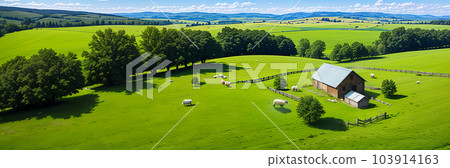 Panorama of lush rolling countryside typical of England, with sheep grazing - AI-generated image Panorama of lush rolling countryside typical of England, with sheep grazing - AI-generated image 103914163