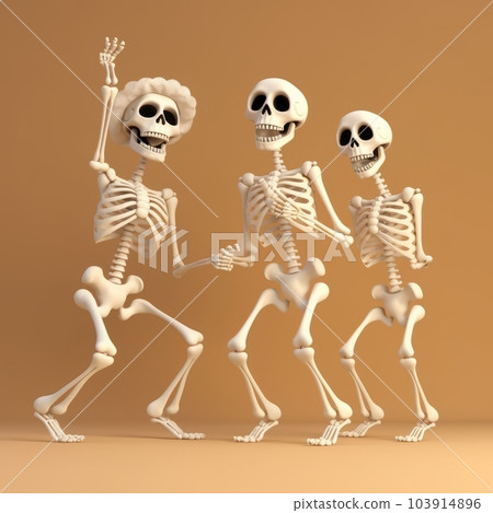 Three happy dancing white skeletons on a yellow background 103914896