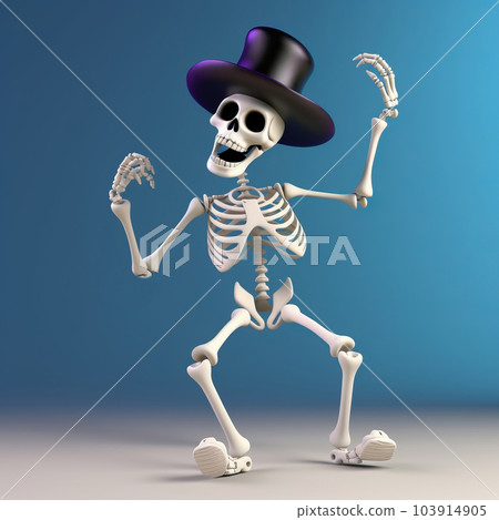 Cute dancing white skeleton in a black hat on a blue background 103914905