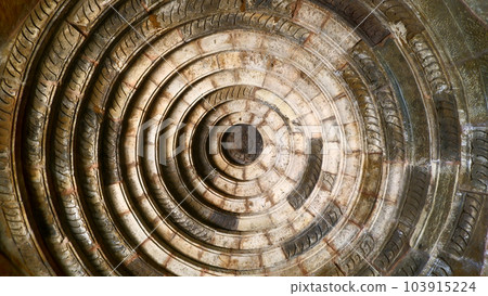 Ceiling art in Narayanpal Temple, Narayanpal, Chhattisgarh, India. Vishnu Temple constructed Circa 11th century. Contemporary to Khajuraho Ceiling art in Narayanpal Temple, Narayanpal, Chhattisgarh, India. Vishnu Temple constructed Circa 11th century. Contemporary to Khajuraho 103915224