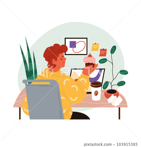 Woman eat cake at workplace during break. Vector 103915385