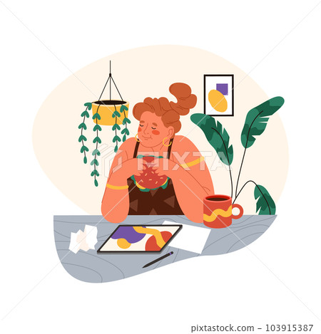 Flat vector image of woman eating burger at work 103915387