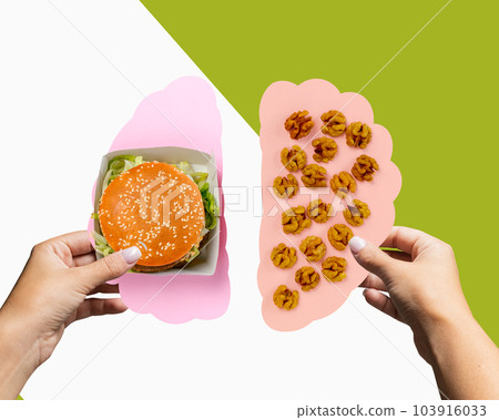 Making choice. Burger and nuts. Following Healthy and unhealthy nutrition. VItamins and bad calories. Contemporary art collage. Making choice. Burger and nuts. Following Healthy and unhealthy nutrition. VItamins and bad calories. Contemporary art collage. 103916033