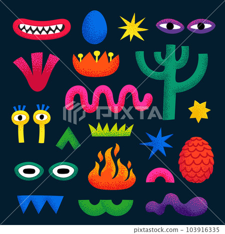 Fantasy world, Cute cartoon abstract icons about monster or UFO. Set of different graphic elements with stippled texture. Hand drawn illustration in a bold modern vector style 103916335