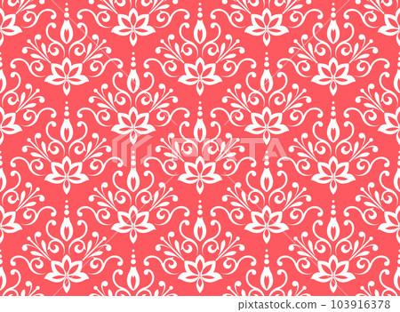 Wallpaper in the style of Baroque. Seamless vector background. White and pink floral ornament. Graphic pattern for fabric, wallpaper, packaging. Ornate Damask flower ornament Wallpaper in the style of Baroque. Seamless vector background. White and pink floral ornament. Graphic pattern for fabric, wallpaper, packaging. Ornate Damask flower ornament 103916378