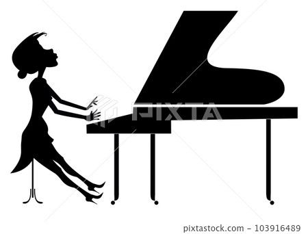 Pianist woman, piano. Art silhouette. Woman playing piano with inspiration. Black silhouette on white background 103916489