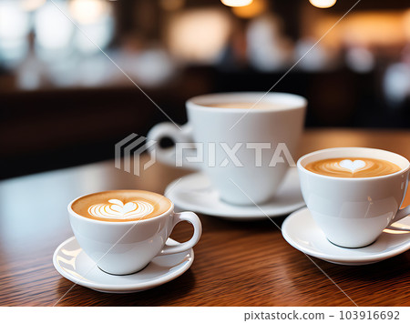 Realistic cozy coffee restaurant: warm lighting details. 103916692