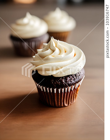Cozy restaurant realistic cupcakes warm lighting. 103916747