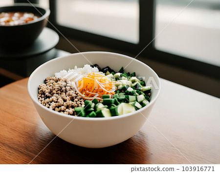 Cozy realistic poke restaurant with warm lighting. 103916771