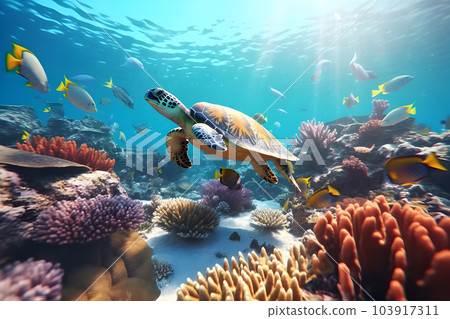 A sea turtle swimming in the ocean surrounded by colorful coral reef and tropical fish with beautiful sunlight rays, summertime, environment, biodiversity concept. Generative AI 103917311