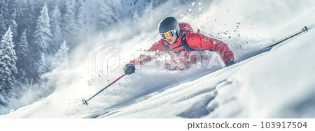 freeride skiing in the mountains on snow, banner made with Generative AI freeride skiing in the mountains on snow, banner made with Generative AI 103917504