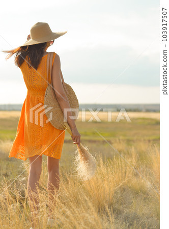 Beauty romantic girl outdoors. Rear view of a beautiful girl dressed in a casual orange dress with a straw hat and a straw bag in her hands in a field in the sunlight. Blows long hair. Autumn. Shine 103917507