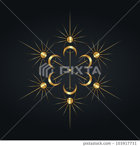 Sun and moon Mandala luxury clipart. Wicca golden logo. Mystical Sacred geometry, magic pagan Wiccan goddess and god symbols. Vector gold sign illustration isolated black background Sun and moon Mandala luxury clipart. Wicca golden logo. Mystical Sacred geometry, magic pagan Wiccan goddess and god symbols. Vector gold sign illustration isolated black background 103917731