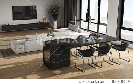 Modern grey minimalist interior livingroom with large gray modular sofa, panoramic windows and marble kitchen island. TV wall mockup. 3d rendering. High quality 3d illustration 103918009