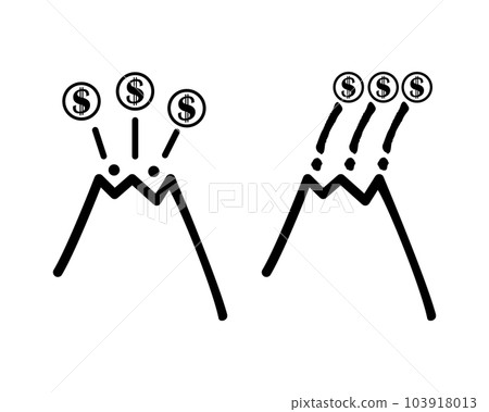Dollar coins jump out of the volcano crater in different directions during the eruption. Vector simple illustration. Dollar coins jump out of the volcano crater in different directions during the eruption. Vector simple illustration. 103918013