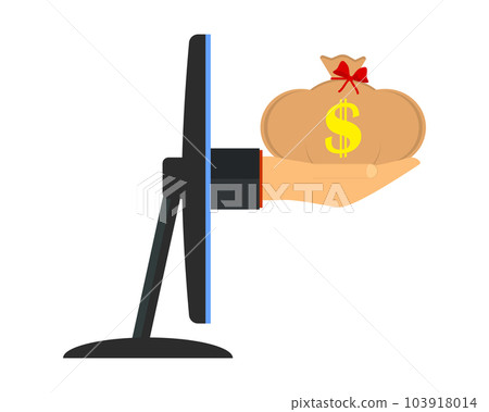 The concept of earnings and income from the Internet. A hand holds out a bag of money from a computer monitor screen. Side view. Vector illustration. The concept of earnings and income from the Internet. A hand holds out a bag of money from a computer monitor screen. Side view. Vector illustration. 103918014
