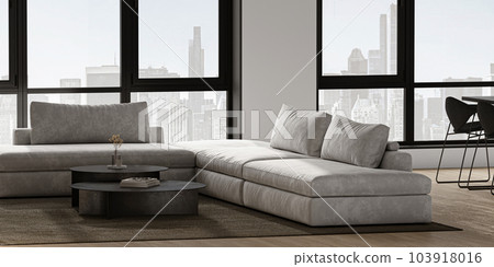 Modern grey luxury minimalist interior livingroom with large modular sofa, panoramic windows and city view. 3d rendering. High quality 3d illustration Modern grey luxury minimalist interior livingroom with large modular sofa, panoramic windows and city view. 3d rendering. High quality 3d illustration 103918016