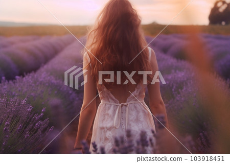 Young pretty woman standing back on the lavender field 103918451