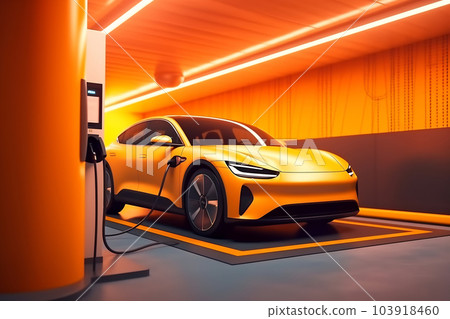 An electric vehicle or EV car at a charging station with the power cable supply plugged. Eco-friendly sustainable energy concept 103918460