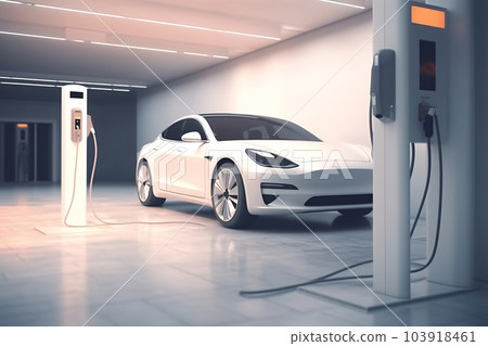 An electric vehicle or EV car at a charging station with the power cable supply plugged. Eco-friendly sustainable energy concept 103918461
