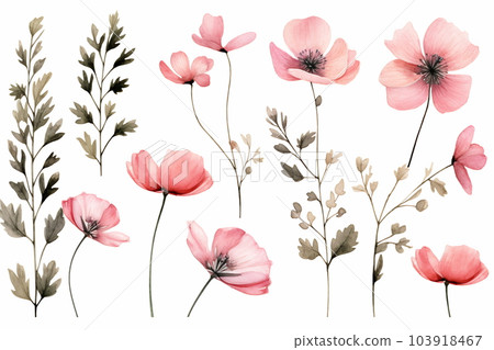Arrangement of spring pink flowers against a white background. Blooming concept. Flat lay 103918467