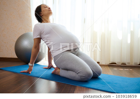 Pregnant woman exercising at home, doing prenatal stretching exercises to relieve the lower back pain, sitting on a blue yoga mat in hero pose. Active healthy lifestyle for wellness in pregnancy. Pregnant woman exercising at home, doing prenatal stretching exercises to relieve the lower back pain, sitting on a blue yoga mat in hero pose. Active healthy lifestyle for wellness in pregnancy. 103918659