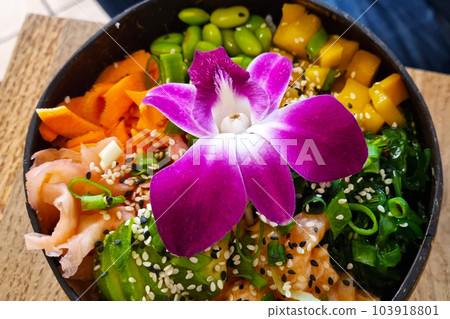 Tasty and healthy bol with fish and vegetables. Tasty and healthy bol with fish and vegetables. 103918801