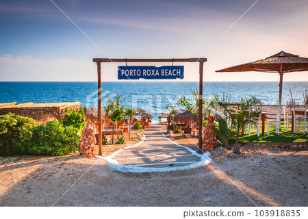 Zakynthos, Greece. Picturesque Porto Roxa rocky beach, Greek Islands. 103918835