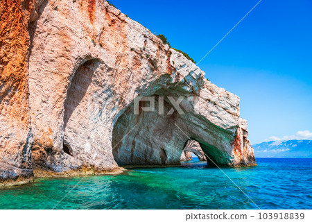 Zakynthos, Greece. Rock arches of Blue Caves, Agios Nikolaos port trip. 103918839