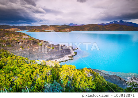 Torres del Paine, Chile. Turqoise glaciar Pehoe Lake, Chilean Patagonia. 103918871