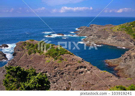 伊豆半島南伊豆伊豆的青海和熔岩海岸線從靜岡縣南伊豆町Irozaki頂端的熊野神社看到(一) 伊豆半島南伊豆伊豆的青海和熔岩海岸線從靜岡縣南伊豆町Irozaki頂端的熊野神社看到(一) 103919241