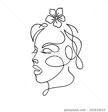 Minimalistic silhouette of woman face. Black and white. White background. One line drawing. 103919533