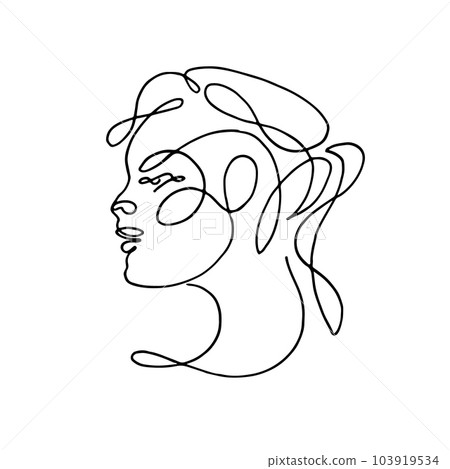 Minimalistic silhouette of woman face. Black and white. White background. One line drawing. Minimalistic silhouette of woman face. Black and white. White background. One line drawing. 103919534