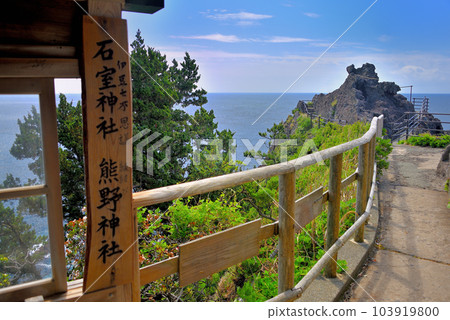 伊豆半島，南伊豆，Irozaki 頂端的風景，從建在懸崖上的石室神社，靜岡縣南伊豆町的熊野神社的景色 103919800