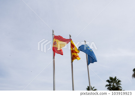 Flags spain european union catalonia on blue sky background 103919923