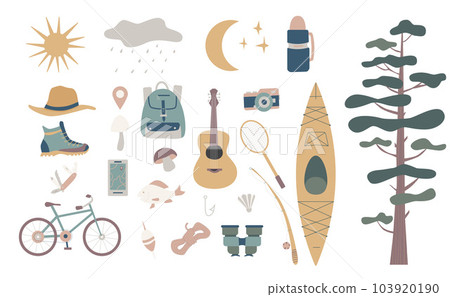 Set of doodle forest camping design elements. Hand drawn hiking and camping doodles perfect for summer camp flyers and posters. Set of doodle forest camping design elements. Hand drawn hiking and camping doodles perfect for summer camp flyers and posters. 103920190