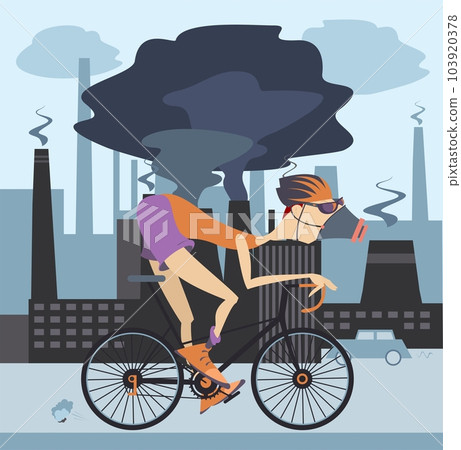 Cycling man in the protective mask on industrial factory background. Bad ecology. Factory smoke. Cycling man in the protective mask 103920378