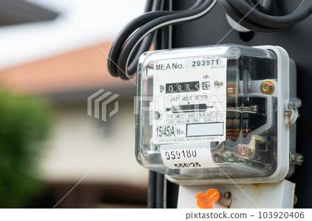 Electric measuring power meter for energy cost at home and office. 103920406