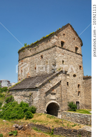 Old stone medieval Stephen Bathory Gate in Kamianets-Podilskyi fortress, Ukraine. Old stone medieval Stephen Bathory Gate in Kamianets-Podilskyi fortress, Ukraine. 103921113