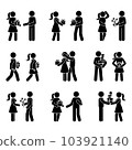 Stick figure people giving presents vector set. Man and woman receiving gift box stickman icon pictogram 103921140